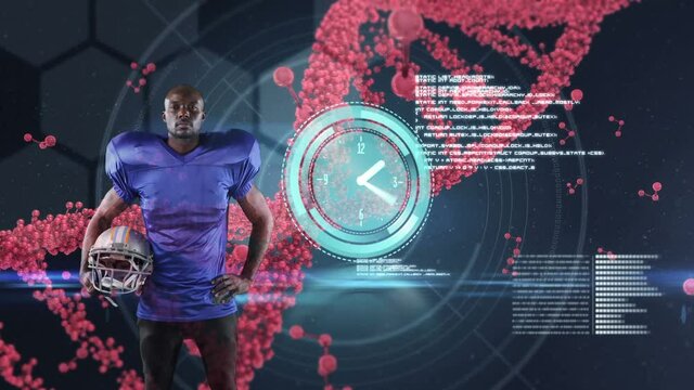 Animation of dna strand spinning and data processing over american football player