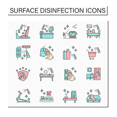  Surface disinfection color icons set. Disinfection at home, workplace, public spaces, transport. Safety space and preventative measures. Preventing virus spread concept.Isolated vector illustrations