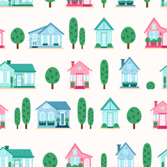 Seamless pattern of cute houses in flat style.