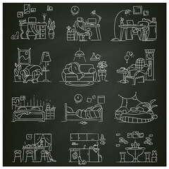 Blanket house chalk icons set.Kitchen, living room, bedroom,home workplace.Modern apartment furniture, accessories.Home interior, lifestyle concept.Isolated vector illustration on chalkboard