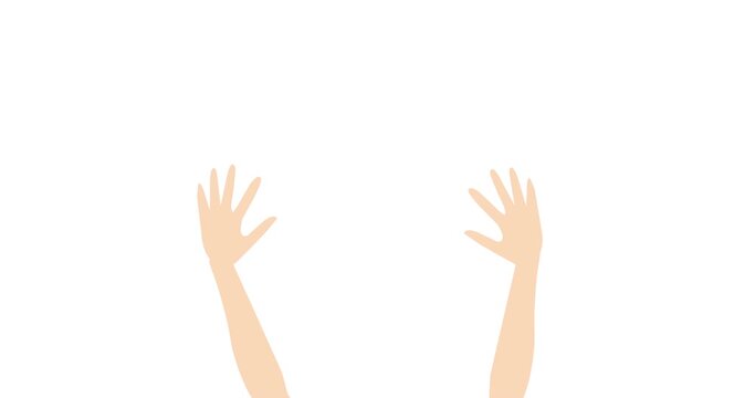 Hand wave animation. Two cartoon hands up waving with arms. Hey, hi, welcome, bye, help. White clean background. 2d toon footage video