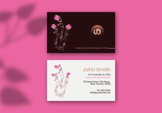 Business Card Layout with Floral Elements and Pink Background