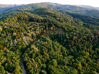 Fototapeta premium Aerial Sunset view of Belasitsa Mountain, Bulgaria