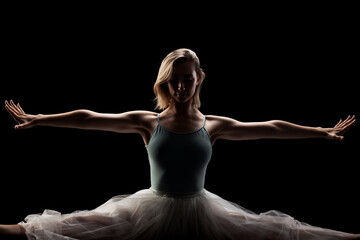 ballerina with a white dress and black top posing on black background. side lit silhouette. © Nikola Spasenoski