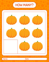 How many counting game with pumpkin. worksheet for preschool kids, kids activity sheet, printable worksheet