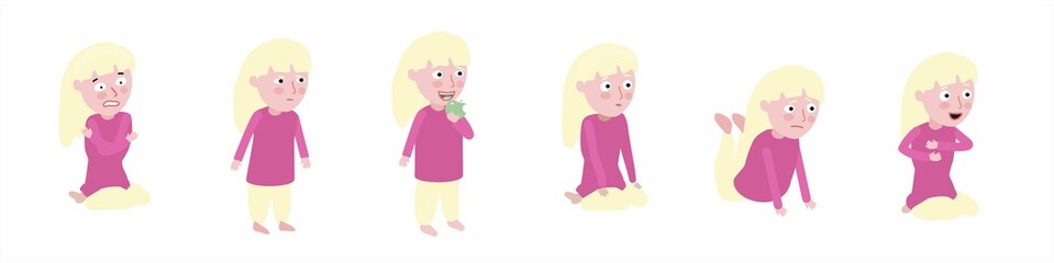Seth emotions of a girl. Vector illustration. fear, calmness, joy, thoughtfulness, apathy. Human faces in different moods.