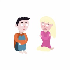 A boy and a girl are sitting opposite a friend and are afraid. Emotions of fear, numbness and fright. The children are scared.