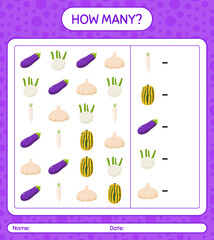 Fototapeta na wymiar How many counting game with vegetables. worksheet for preschool kids, kids activity sheet, printable worksheet