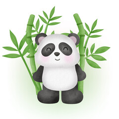 Cute panda with bamboo in watercolor style