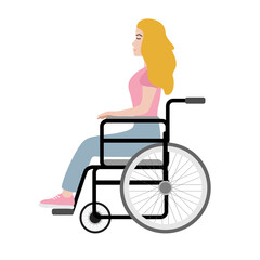 Fototapeta premium Vector flat cartoon woman girl sitting in invalid wheelchair isolated on white background