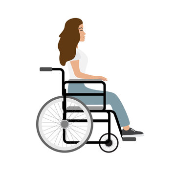 Vector flat colored woman girl sitting in invalid wheelchair isolated on white background