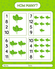 How many counting game with spinach. worksheet for preschool kids, kids activity sheet, printable worksheet