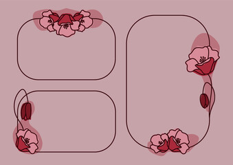 Ramki z wzorem kwiatowym w prostym minimalistycznym stylu w odcieniach różu. Szablon do zastosowania jako zaproszenia ślubne, życzenia, planer, tło dla social media stories. Ilustracja wektorowa. - obrazy, fototapety, plakaty