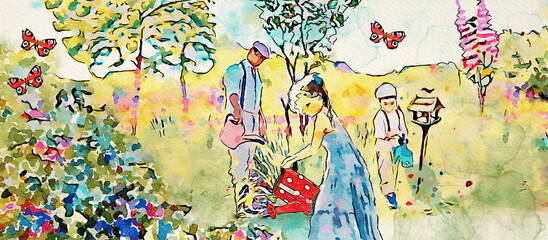 Fototapeta na wymiar Working together in the garden. Watercolor background