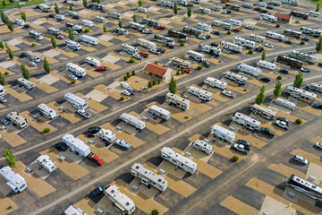 Aerial view of trailer RV vacation in a travel recreational vehicle camping