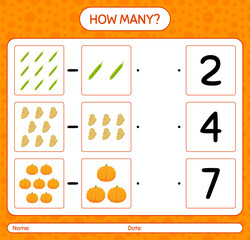 How many counting game with vegetables. worksheet for preschool kids, kids activity sheet, printable worksheet