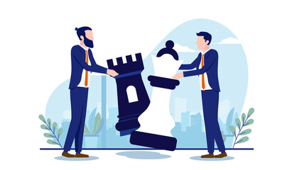 Colleague competition - Two businessmen in rivalry holding chess pieces. Business strategy and competition concept. Vector illustration with white background