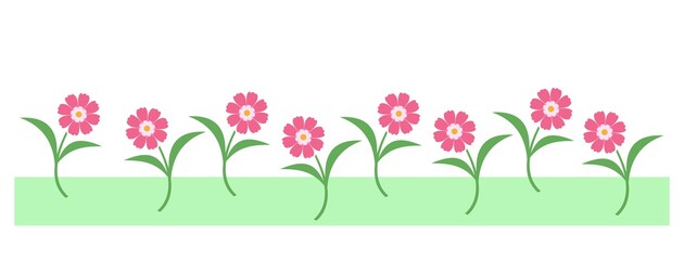 spring flowers background, floral simple vector border frame background, pink flowers with green leaves, horizontal banner 