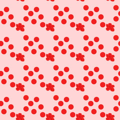 Vector seamless pattern with red flowers and dots. Background illustration, decorative design for fabric or paper. Ornament modern