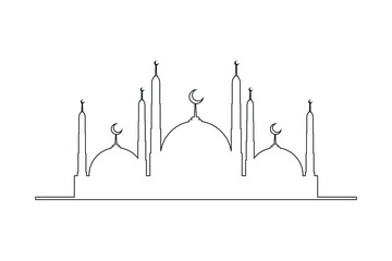 Mosque continuous line art drawing vector minimalist design. islamic symbol sign isolated one white background. eid mubarak idul adha fitr fitri lebaran