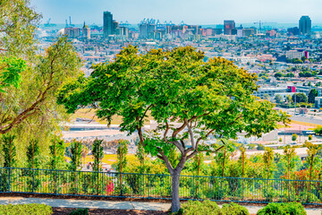 Obraz premium Signal Hill has a wonderful view through the clearing fog of the colorful and varied skyline of Long Beach, California