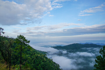 Glorious landscape of the puffy clouds above the green mountains in daylight