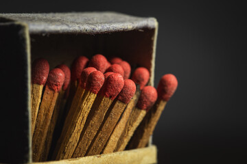 Close-up,the old matchstick in the old box,macro photo,has copy space,original object