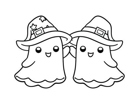 Funny and Cute Ghost Halloween Background Coloring Set Outline for