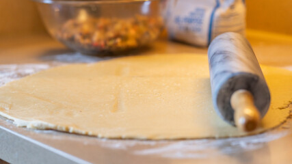 Close up of making pie at home. Homemade meat pie