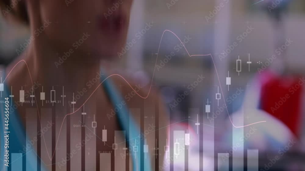 Poster animation of statistics and data processing over woman running on treadmill