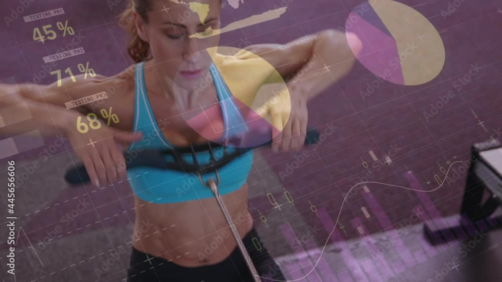 Poster animation of statistics and data processing over woman running on treadmill