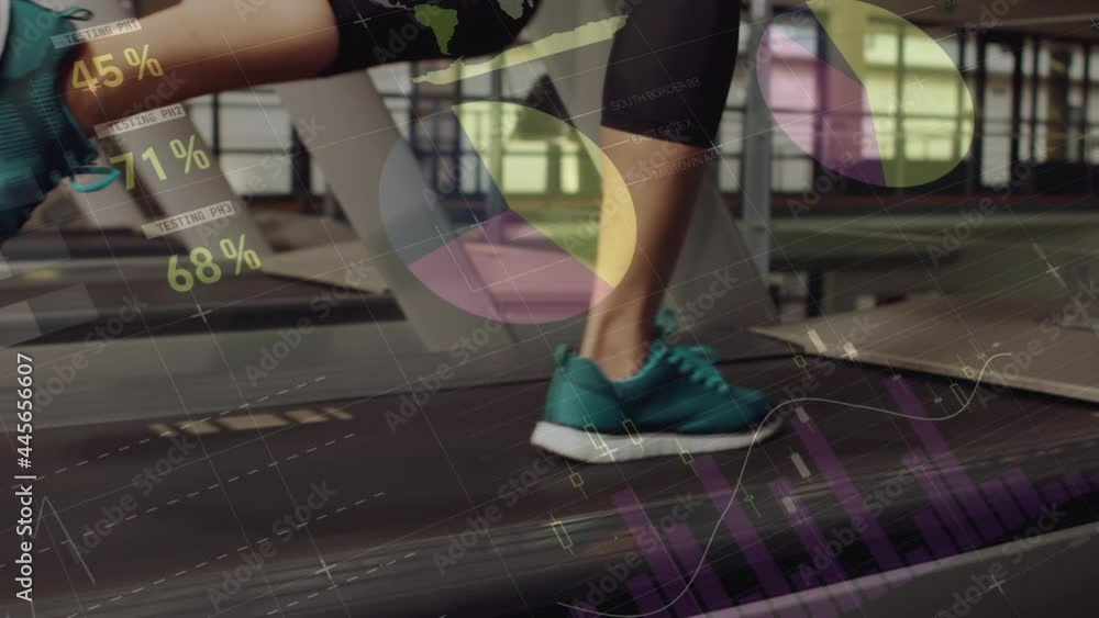 Poster Animation of statistics and data processing over woman running on treadmill