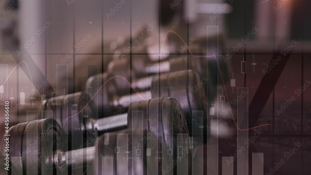 Poster animation of statistics processing over row of dumbbells in gym