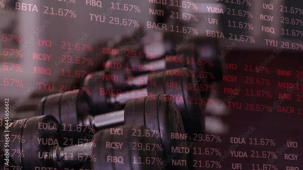 Poster animation of financial data processing over row of dumbbells in gym