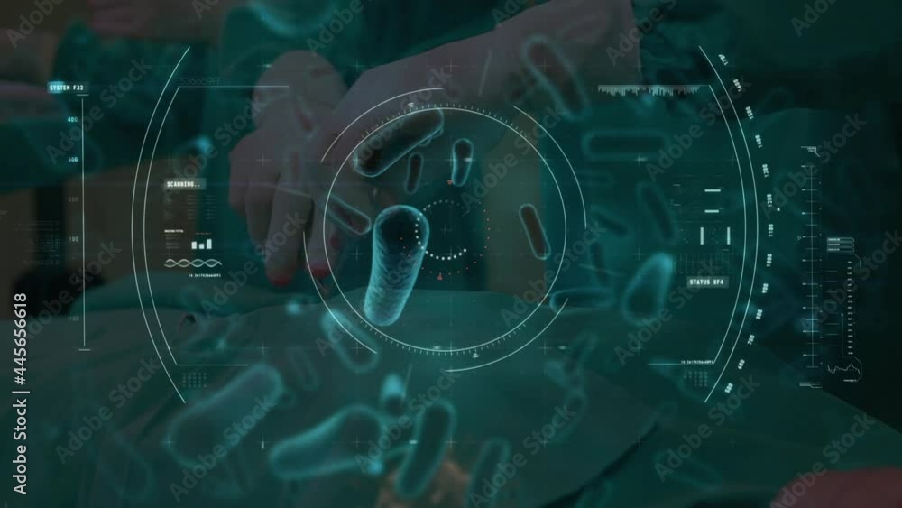 Poster animation of covid 19 cells floating over scope scanning and surgeon operating