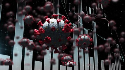 Animation of covid 19 cells floating over statistics and data processing