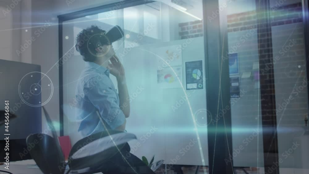 Poster Animation of network of connections over businessman using vr headset in office