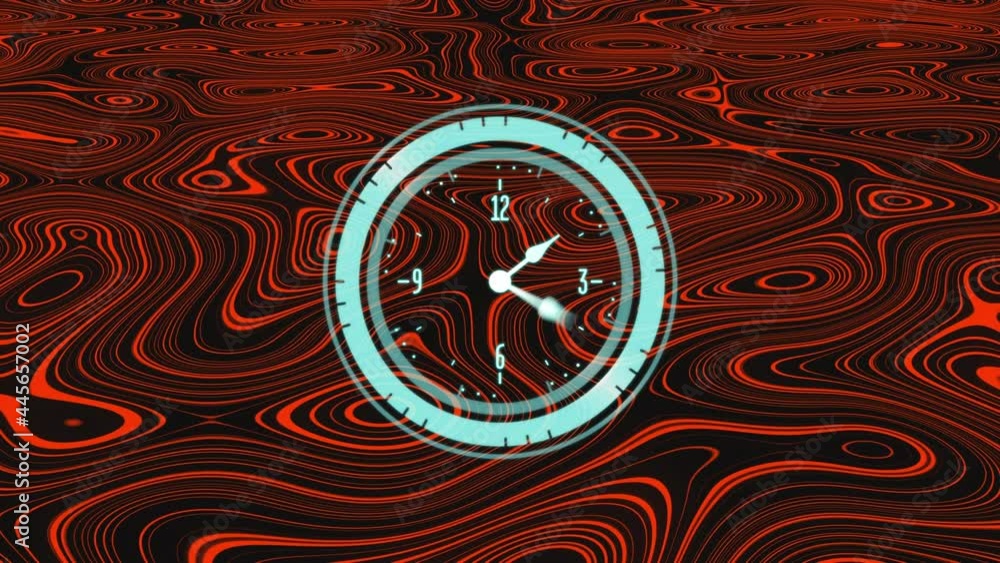 Poster animation of clock moving fast over red liquid background