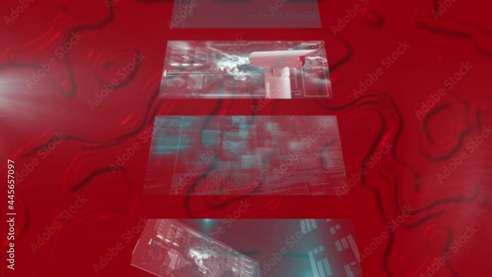 Aufkleber animation of data processing on screens over red liquid background