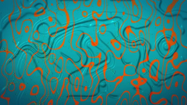 Animation of orange pattern moving over blue liquid background