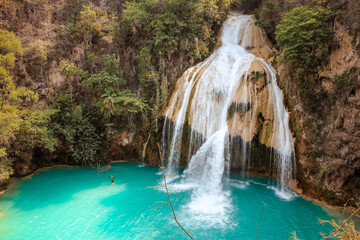 Beautiful turquoise waterfall. Aerial shots of Chiflon waterfalls in Chiapas Mexico