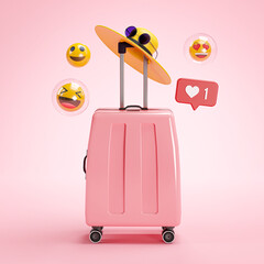 Online Travel Holiday Concept. Pink Suitcase Emoji 3D Rendering © natanaelginting