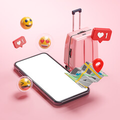 Phone Mockup Pink Suitcase Map Emoji Online Travel Holiday Concept 3D Rendering © natanaelginting