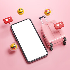 Phone Mockup Pink Suitcase Emoji Online Travel Holiday Concept 3D Rendering © natanaelginting