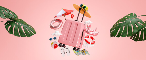 Travel Holiday Banner Concept. Pink Suitcase and Beach Accessories 3D Rendering © natanaelginting