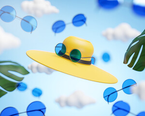 Hat and Sunglasses Flying on Cloud Sky Traveling Concept Background 3D Rendering © natanaelginting