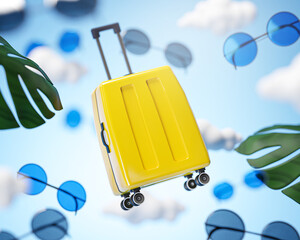 Yellow Luggage Flying on Cloud Sky Traveling Concept Background 3D Rendering © natanaelginting