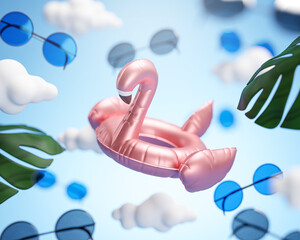 Inflatable Flamingo Flying on Cloud Sky Holiday Concept Background 3D Rendering © natanaelginting