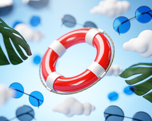 Safety Life Buoy Ring Flying on Cloud Sky Holiday Concept Background 3D Rendering © natanaelginting