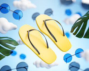 Flip Flop Flying on Cloud Sky Traveling Concept Background 3D Rendering © natanaelginting